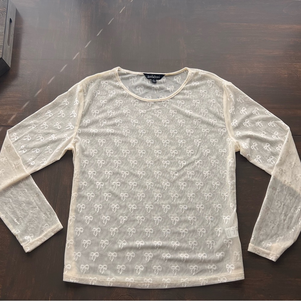 Women’s Adorable Chic See Through Bow Pattern Long Sleeve Shirt